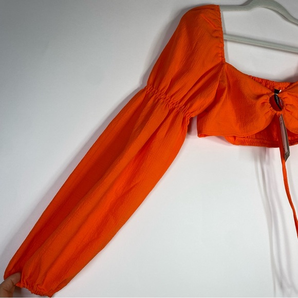 H&M Balloon-Sleeved Cropped Blouse Top Orange Size M Rave Festival Tie Front - Picture 7 of 12